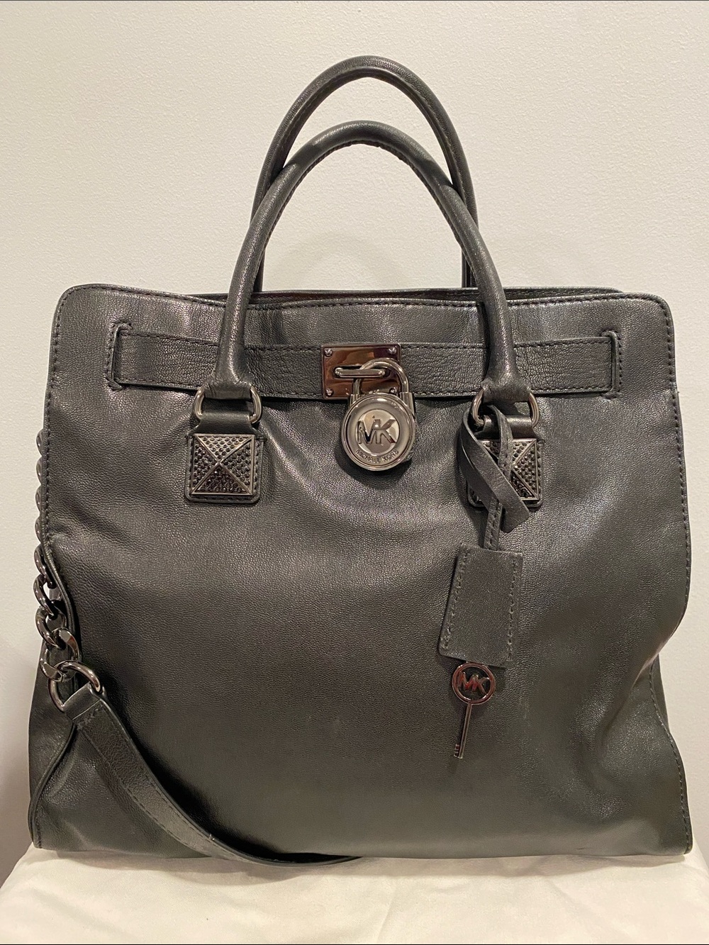 Michael Kors Black Leather Satchel with MK Charm and Chain Strap